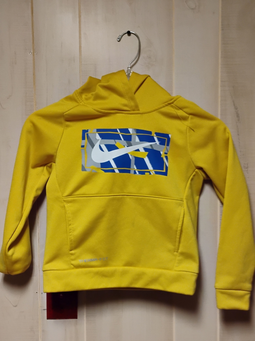 Nike Kids Yellow Hoodie with Blue & White Swoosh Graphic